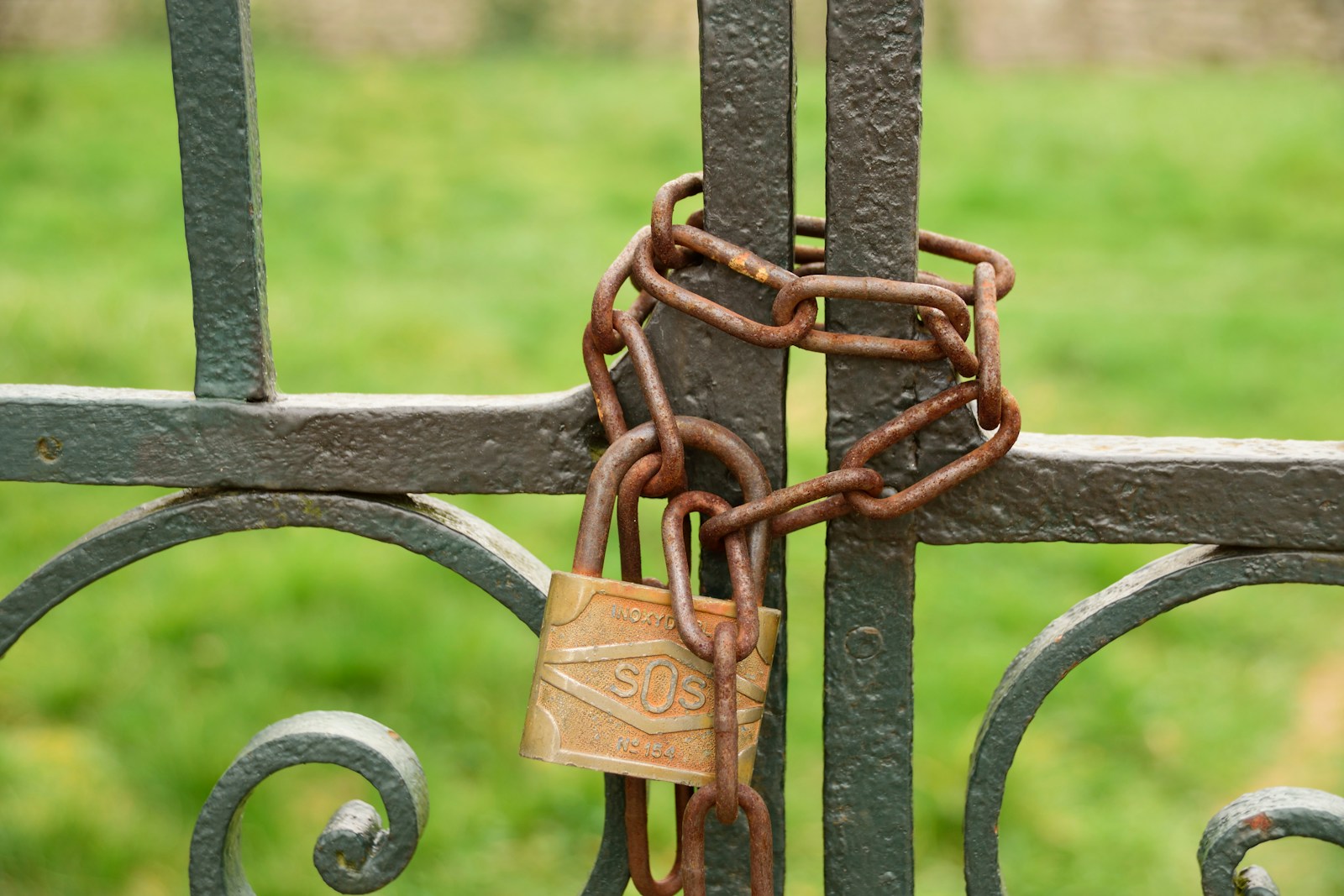 brass padlock on black metal fence